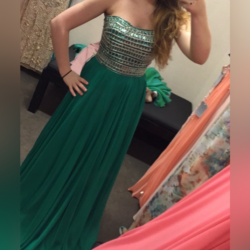 Green and Silver Strapless Gown